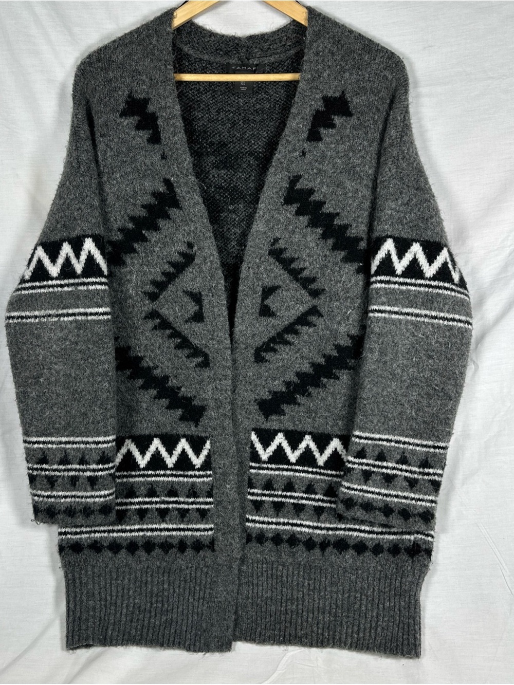 Tahari Gray Open-Front Geometric Pattern Cardigan